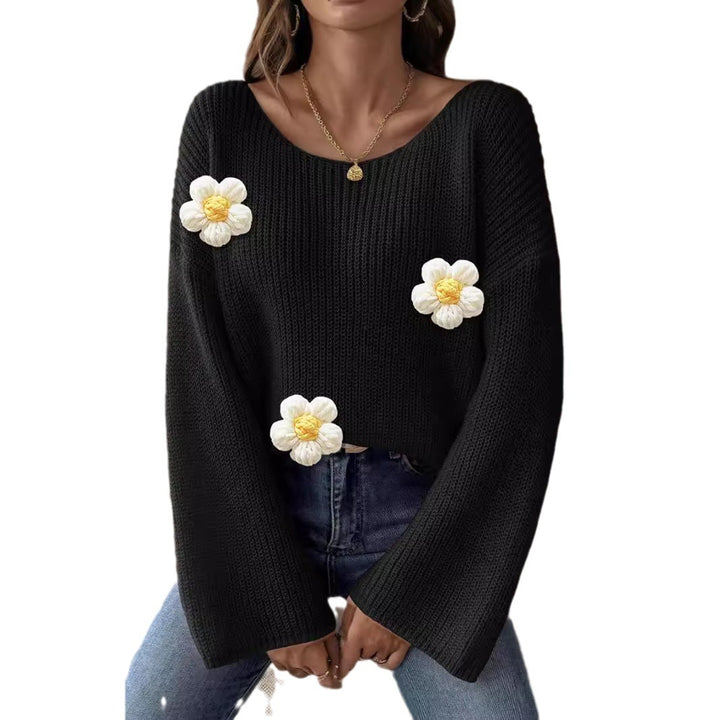 Damen Strickpullover mit verspielten Blumenapplikationen Drune