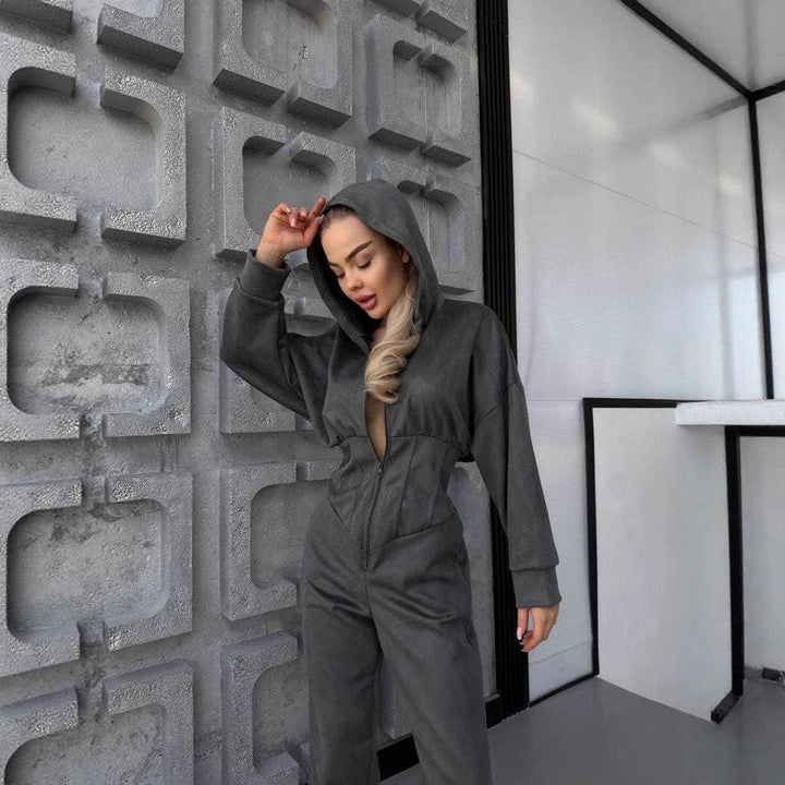 Damen Jumpsuit mit tiefem Ausschnitt und Kapuze Drune