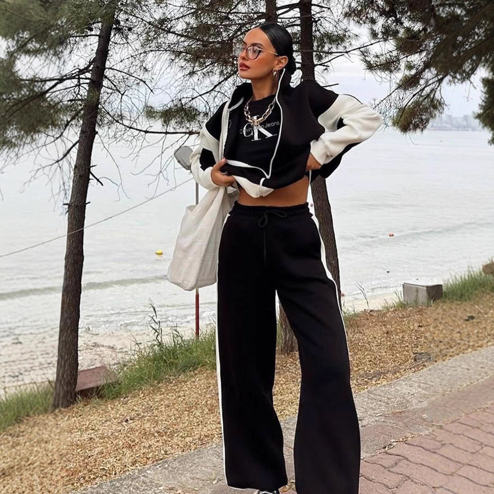 Damen lässiger Sportanzug mit cropped Oberteil und weit geschnittenen Hosen Drune