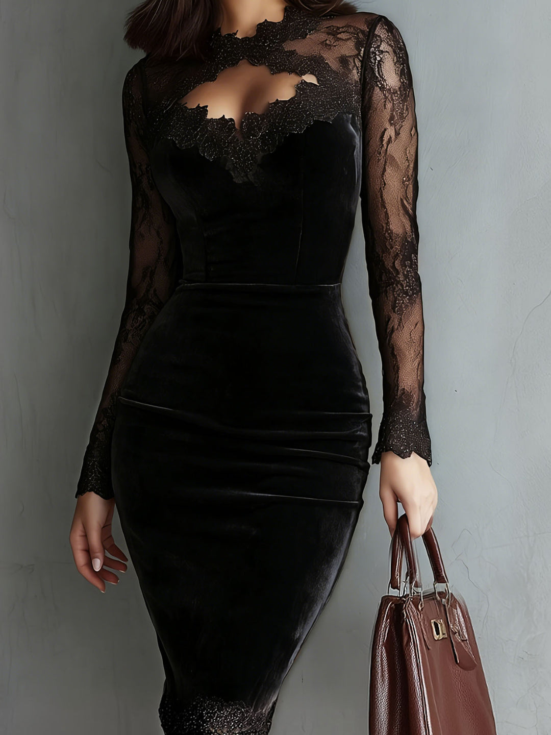 Damen Elegantes Samtkleid mit Spitzeneinsätzen und tailliertem Schnitt Drune