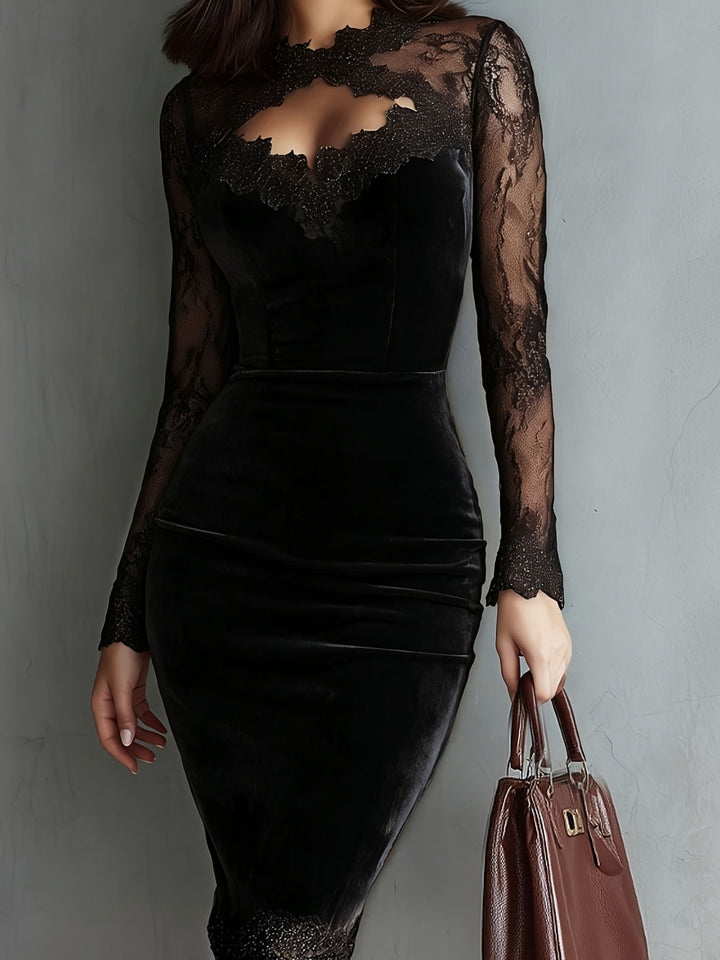 Damen Elegantes Samtkleid mit Spitzeneinsätzen und tailliertem Schnitt Drune