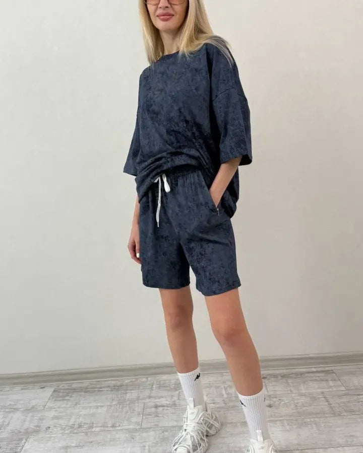 Damen lässiges Kurzarm-Set aus weichem Material mit bequemen Shorts Drune