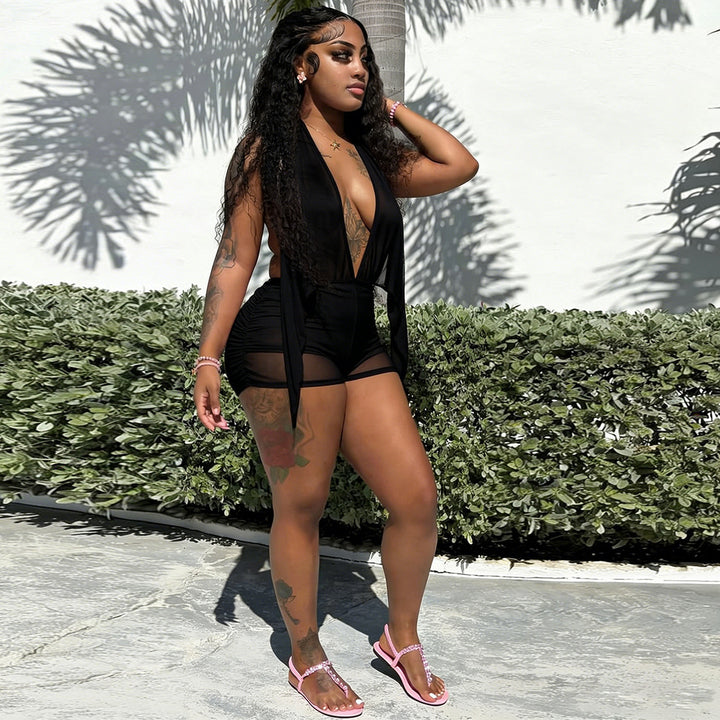 Damen kurzes lässiges Strandkleid mit tiefem V-Ausschnitt und fließender Silhouette Drune