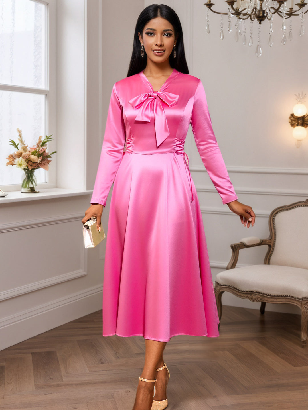 Damen Elegantes Midikleid mit Raffinierter Schleifenbindung Drune