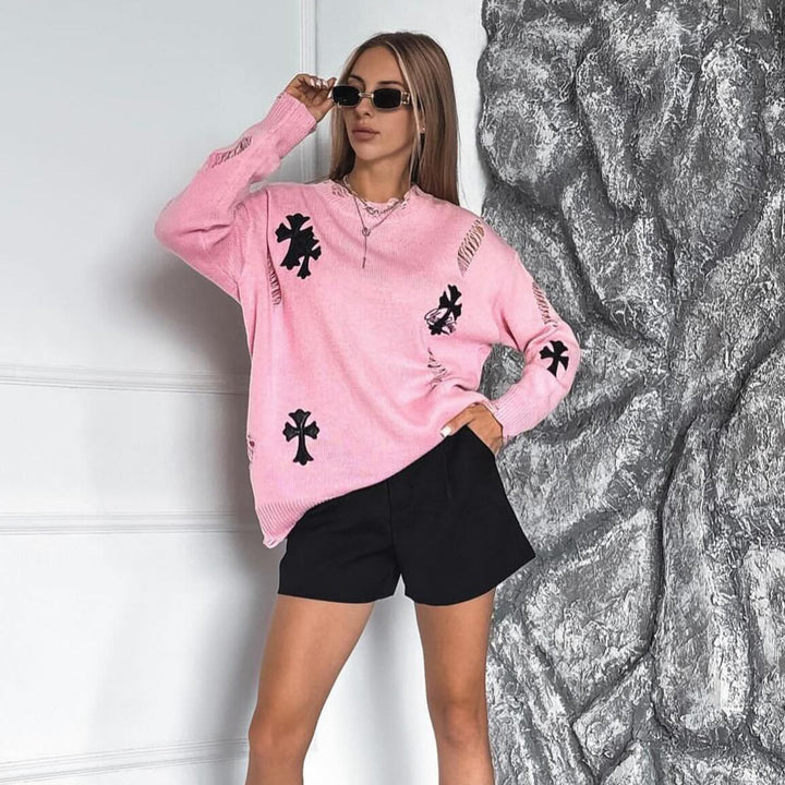 Damen lässiger Pullover mit kreativem Schnitt und ausgefransten Details Drune