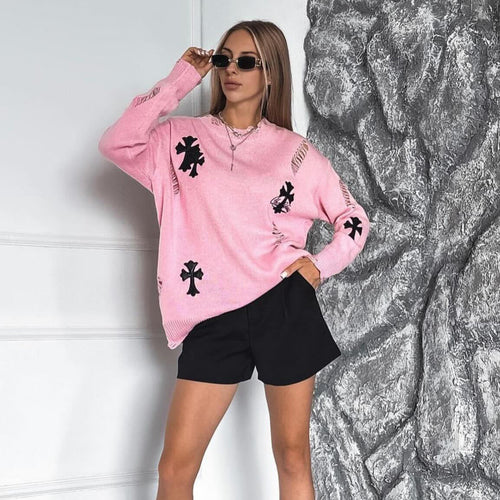 Damen lässiger Pullover mit kreativem Schnitt und ausgefransten Details Drune