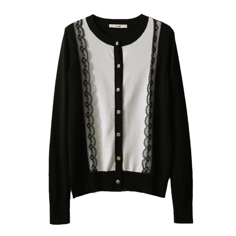Damen elegante Strickjacke mit Spitzenbesatz Drune