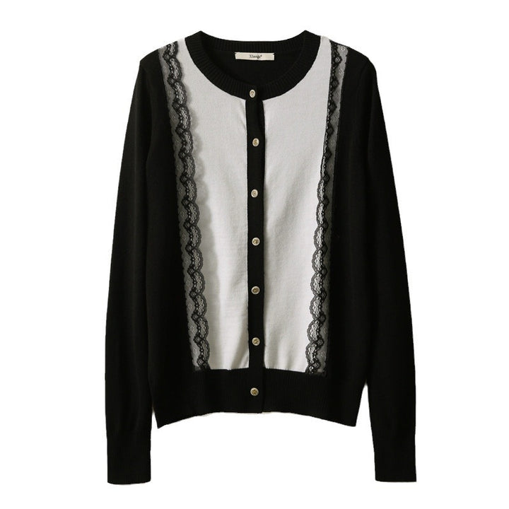 Damen elegante Strickjacke mit Spitzenbesatz Drune