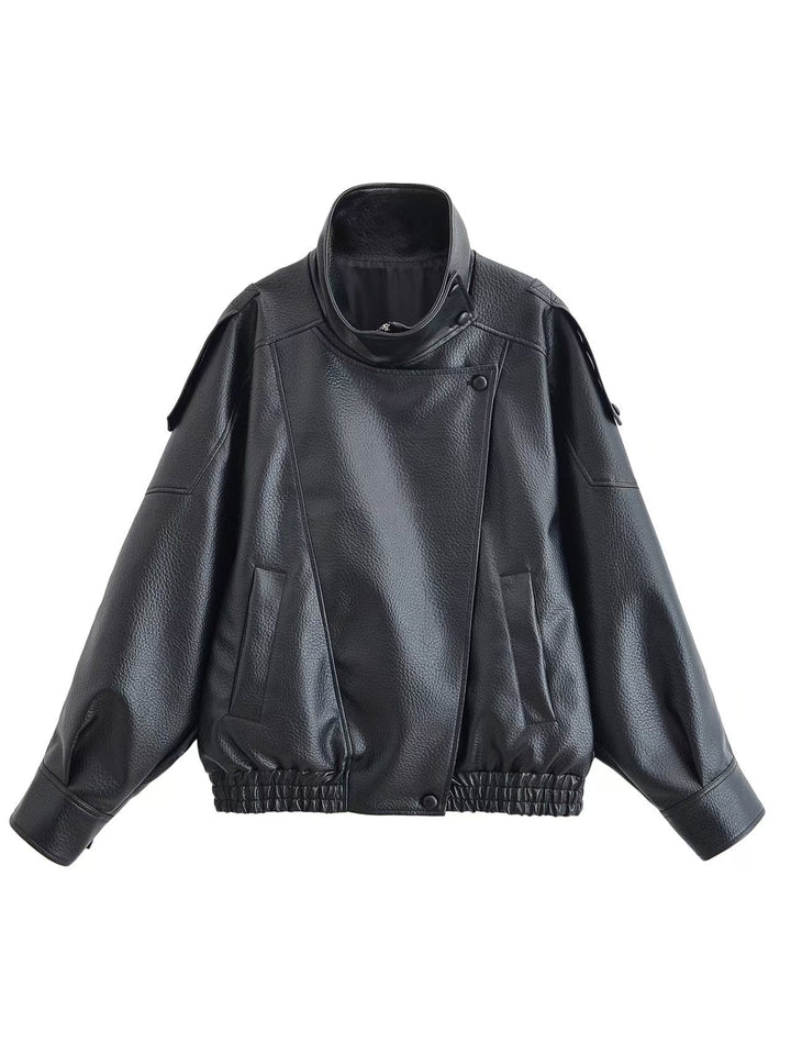 Damen nan Oversize Kunstleder-Bomberjacke mit hohem Stehkragen, Druckknopfblende und smockbündchen Drune