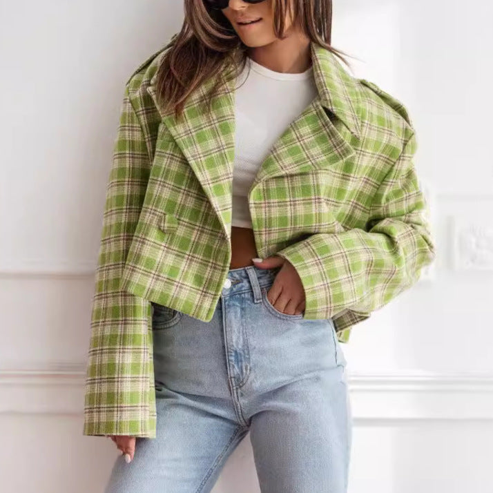 Damen Kurzjacke mit kariertem Muster und weichem Fleece Drune