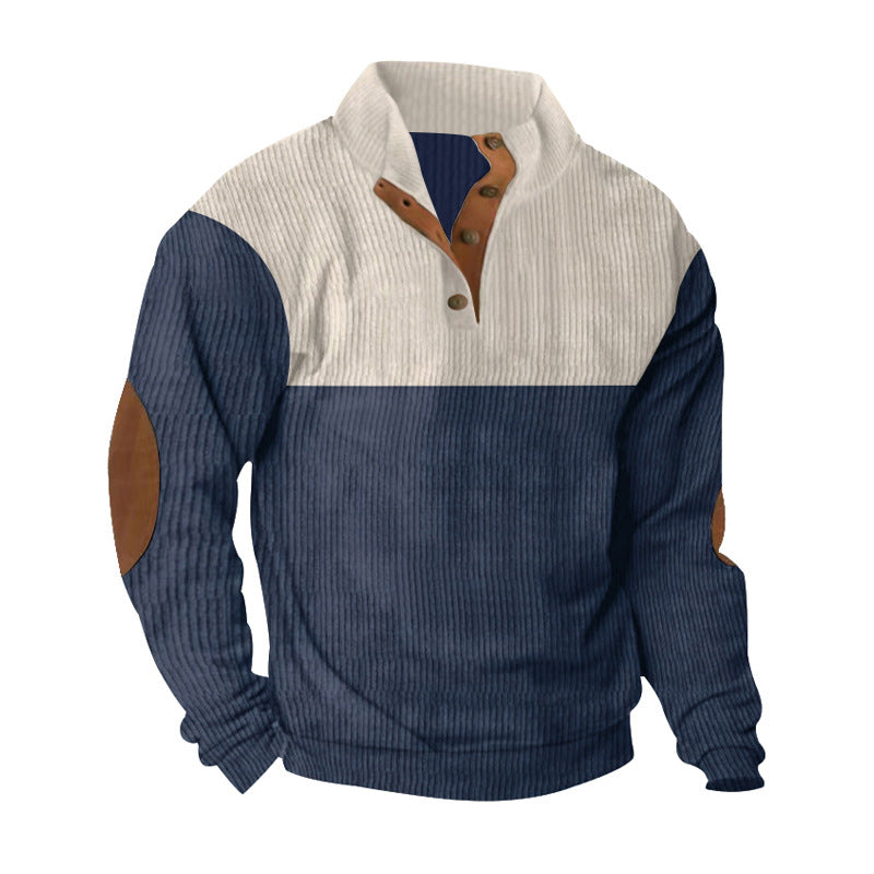 Herren nan lässiger Strickpullover mit Knopfleiste, Stehkragen und Ellenbogenpatches Drune
