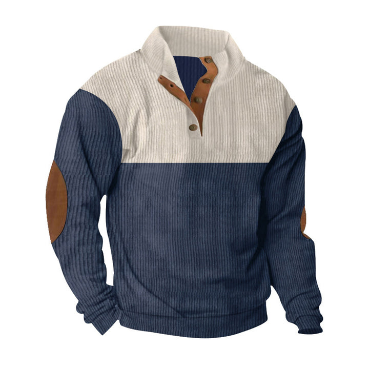 Herren nan lässiger Strickpullover mit Knopfleiste, Stehkragen und Ellenbogenpatches Drune