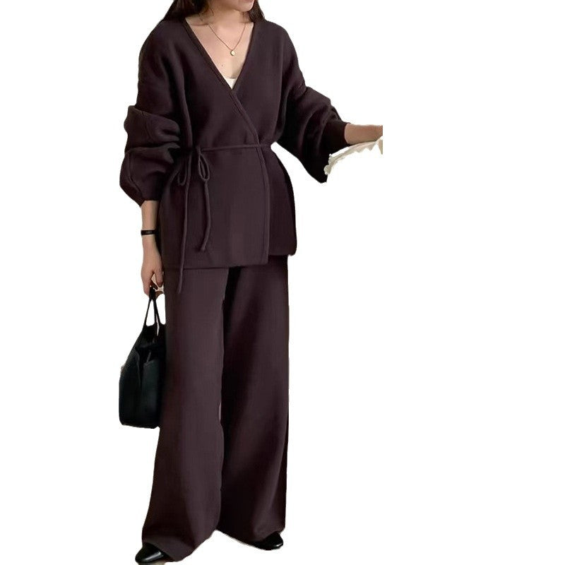 Damen elegantes Wickeloberteil mit weitem Schnitt und passender Hose Drune
