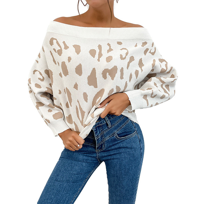 Damen lässiger Pullover mit Off-Shoulder-Design und Leopardenmustern Drune