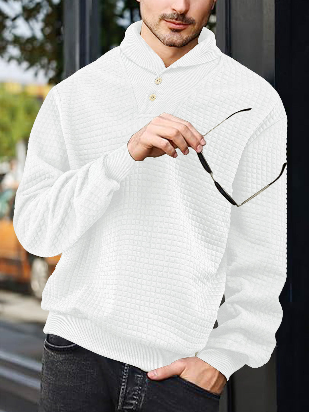 Herren nan eleganter Strickpullover mit Schalkragen, Knopfleiste am Ausschnitt und Karo-Waffelstruktur Drune
