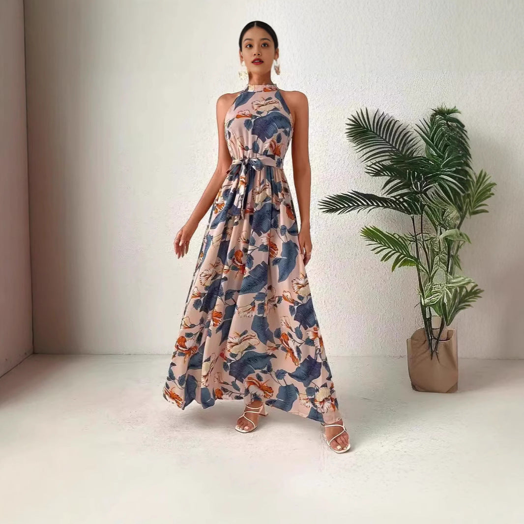 Damen Maxikleid im Boho-Stil mit elegantem Halterneck und seitlichem Bindegürtel Drune