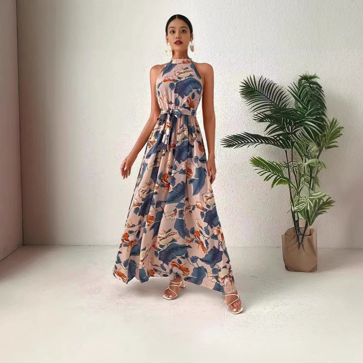 Damen Maxikleid im Boho-Stil mit elegantem Halterneck und seitlichem Bindegürtel Drune