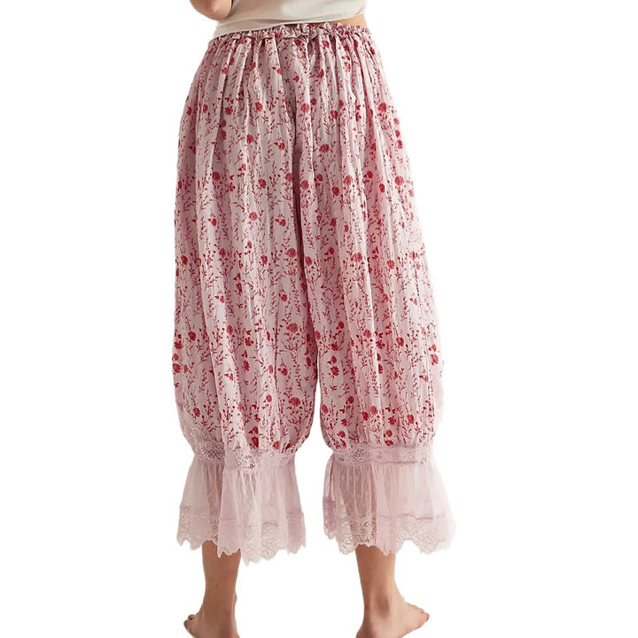 Damen Blumenmuster Hose mit Spitzenabschlüssen Drune