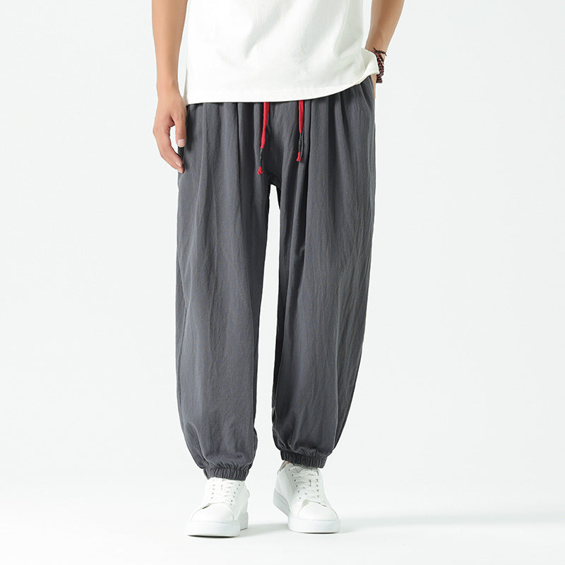 Herren nan locker geschnittene Leinen-Baumwoll Hose mit Kordelzug und elastischen Bündchen Drune