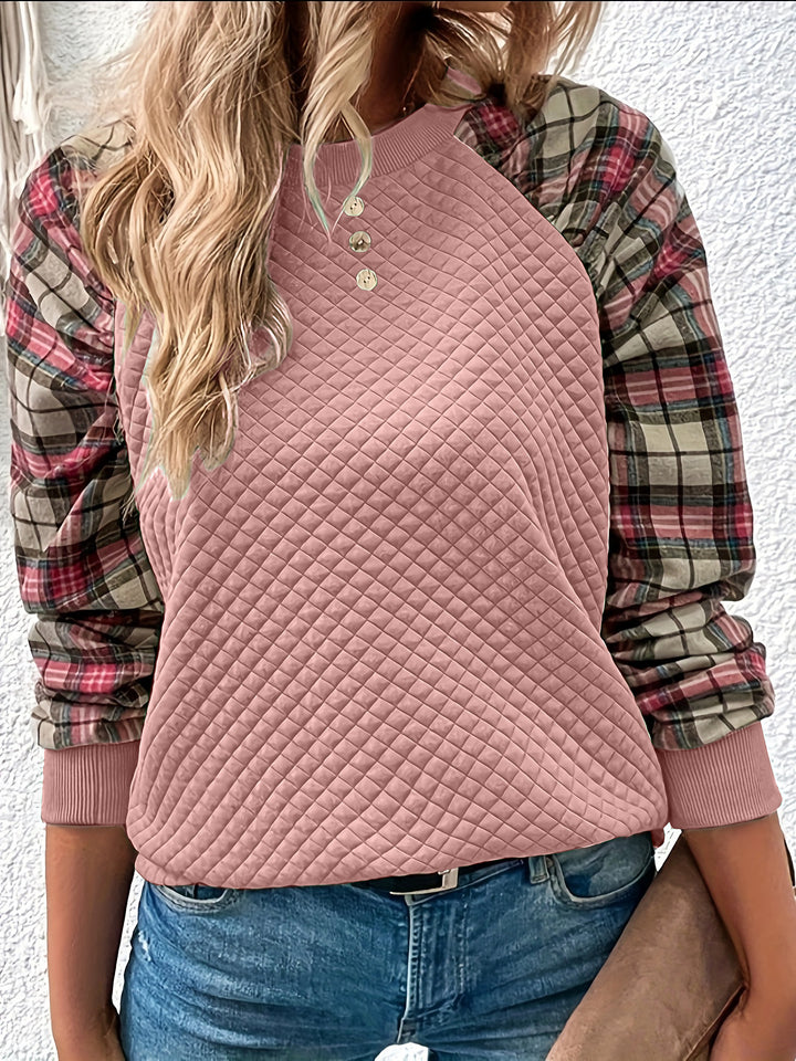 Damen Sweatshirt mit Gitterstruktur und karierten Ärmeln Drune
