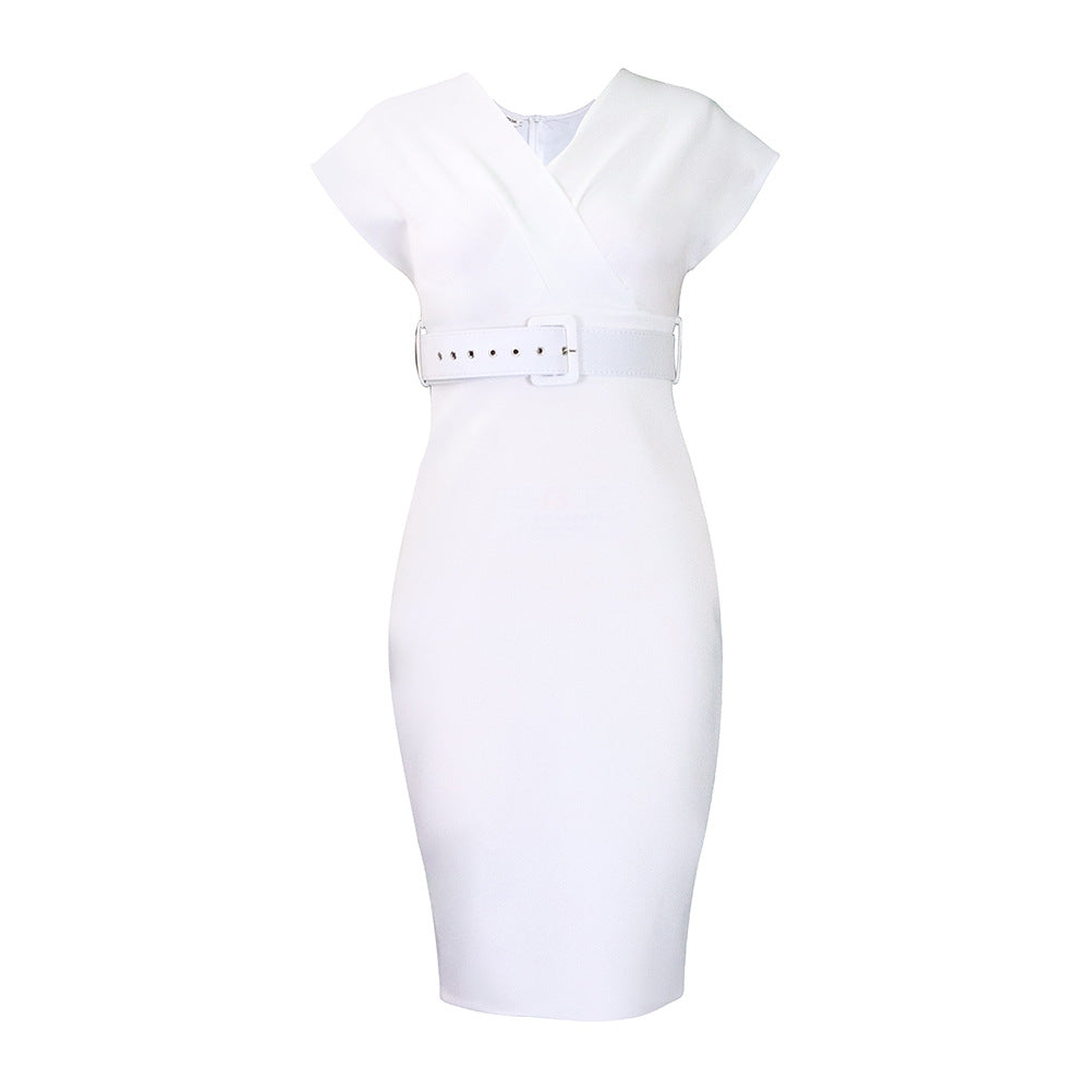 Drune | Damen V-Ausschnitt Figurbetontes Midi Kleid mit Gürtel