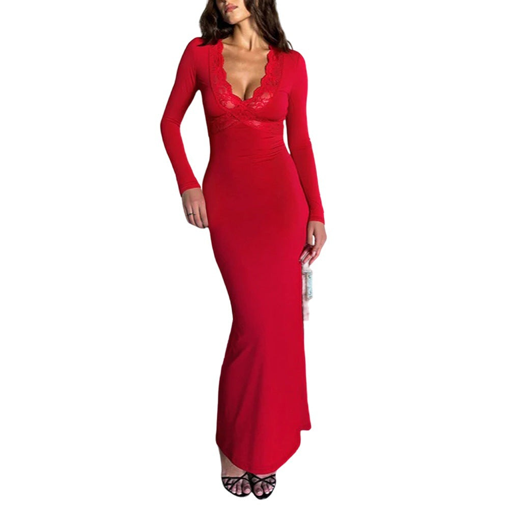 Damen verführerisches Maxikleid mit tiefem V-Ausschnitt und Spitzenbesatz Drune