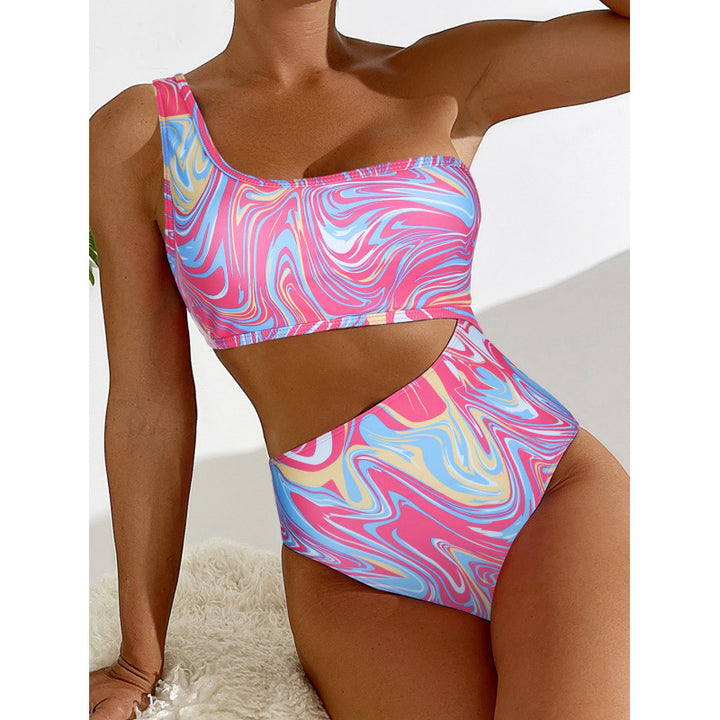 Damen One-Shoulder Bikini-Set mit buntem Muster und hohem Beinausschnitt Drune