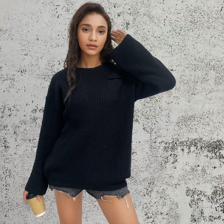 Damen Großer Strickpullover mit innovativem Strukturmuster und Brusttasche Drune