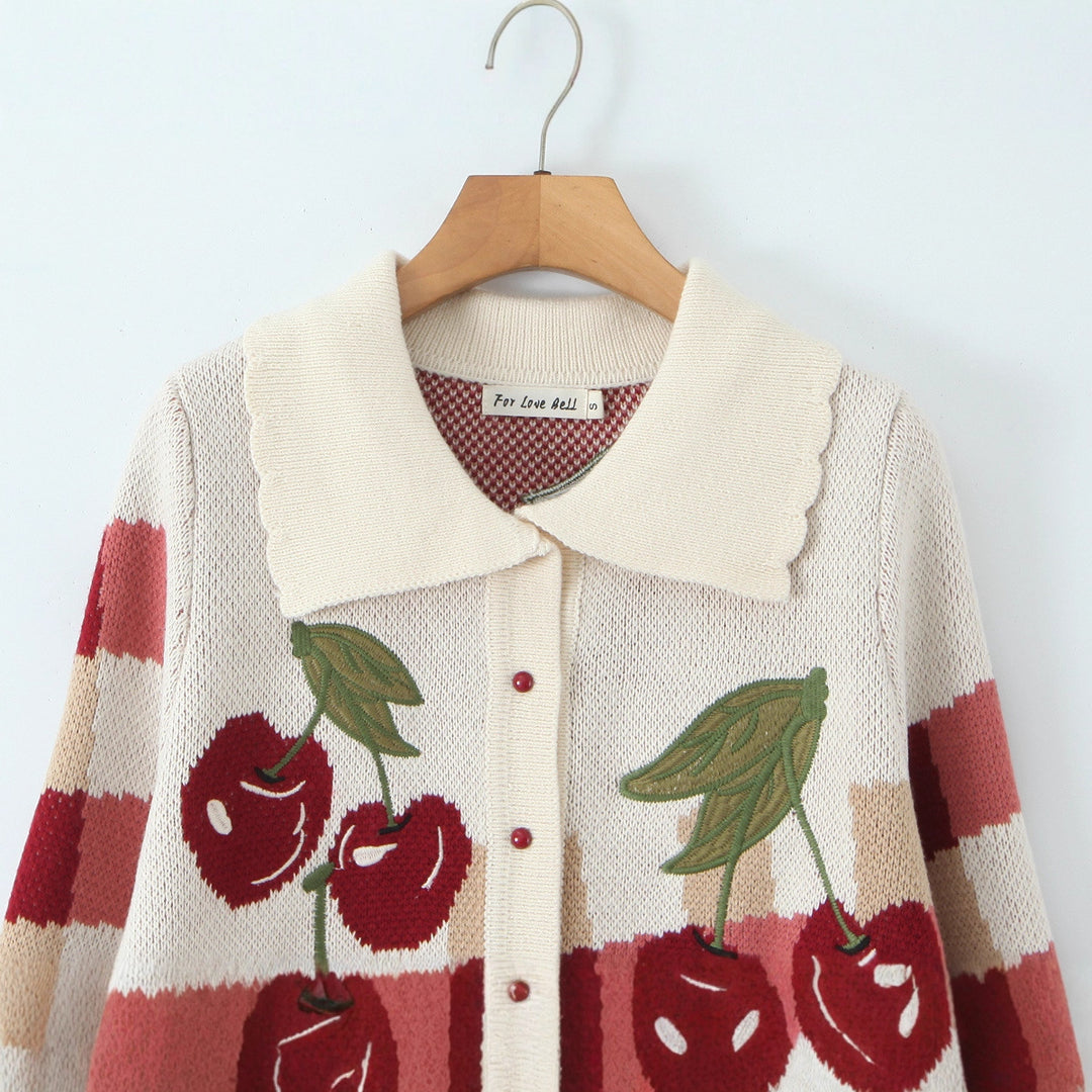Damen verspielte Cropped Strickjacke mit floralem Kirschmuster Drune