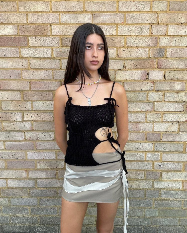 Damen gehäkeltes Top mit offenen Details und raffinierten Schnürungen Drune