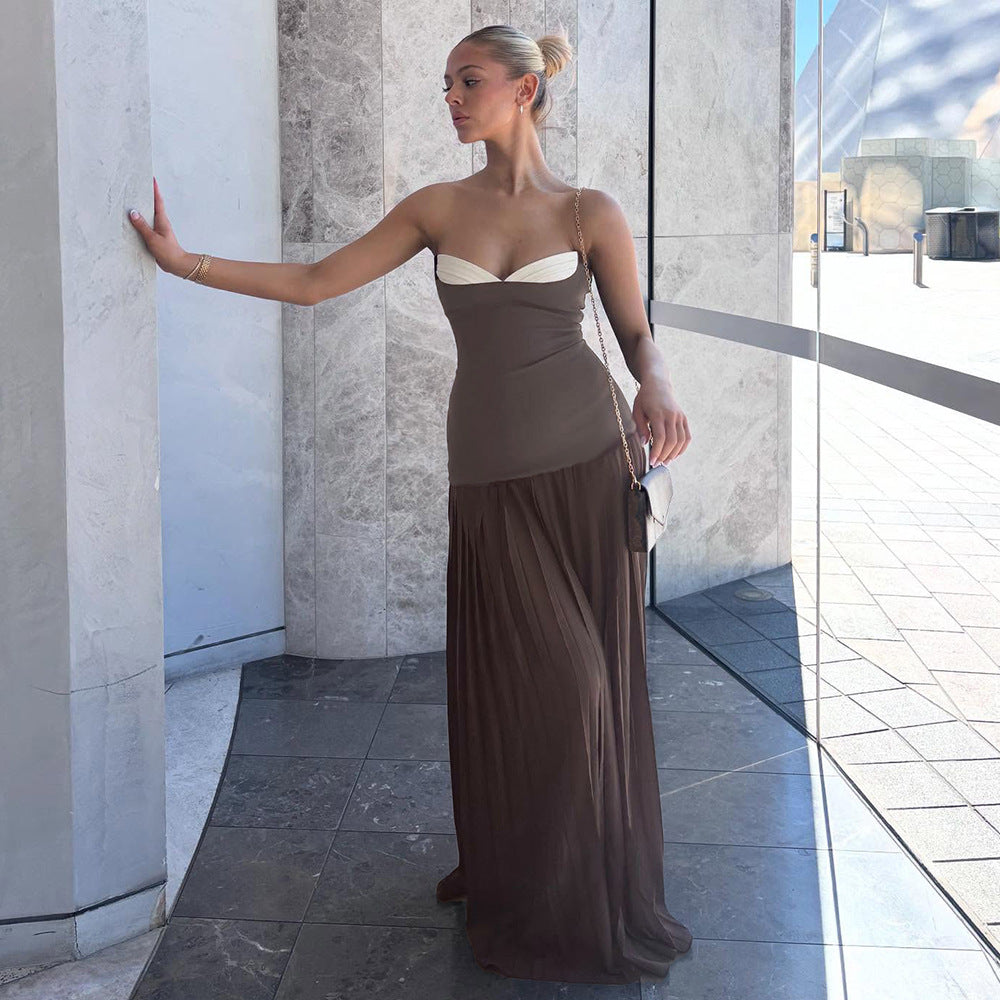 Damen Elegantes Maxikleid mit tiefem V-Ausschnitt und fließendem Rock Drune