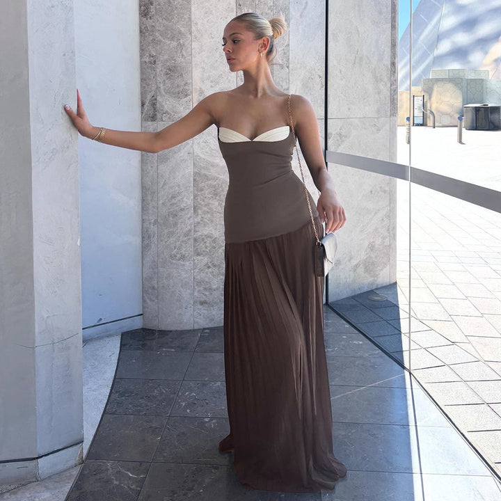 Damen Elegantes Maxikleid mit tiefem V-Ausschnitt und fließendem Rock Drune