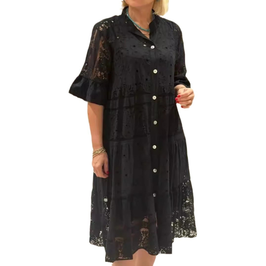 Damen nan romantisches Midikleid mit Broderie-Anglaise, durchgeknöpftem Oberteil, Stehkragen, halblangen Volantärmeln und stufigem Saum Drune