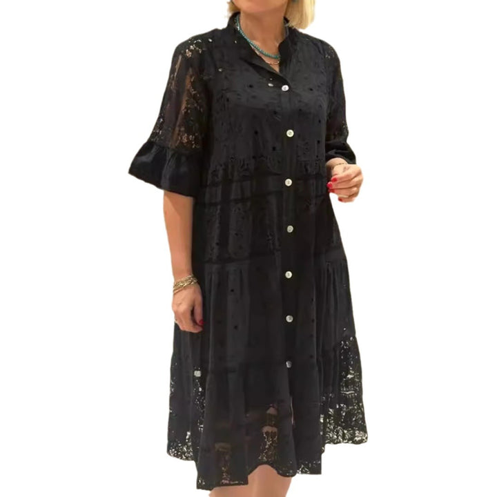Damen nan romantisches Midikleid mit Broderie-Anglaise, durchgeknöpftem Oberteil, Stehkragen, halblangen Volantärmeln und stufigem Saum Drune