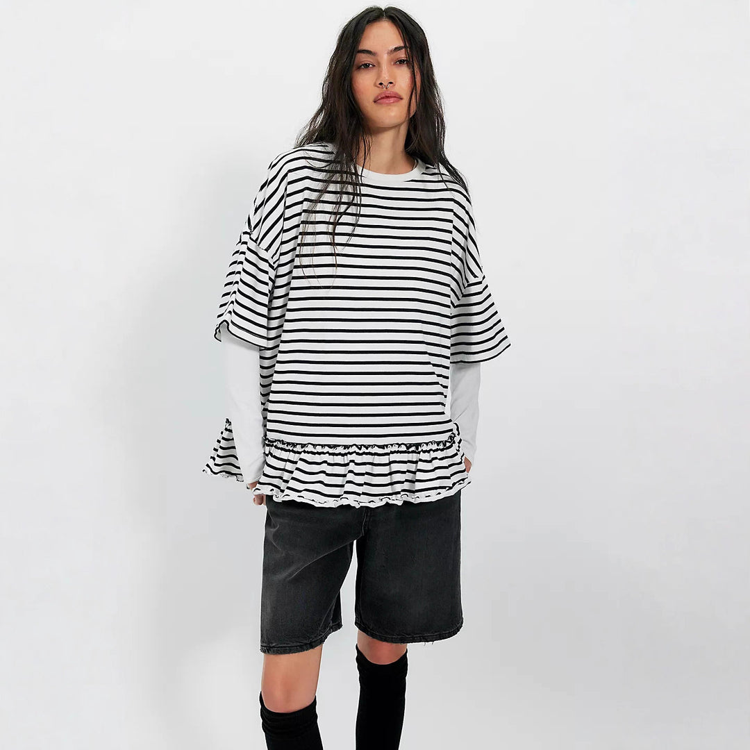 Damen Oversized gestreiftes T-Shirt mit Rüschendetail Drune