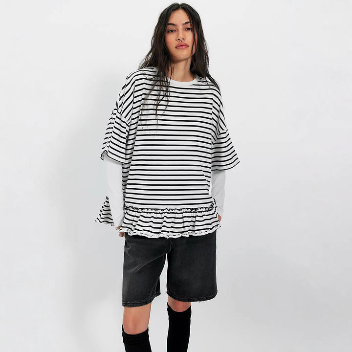 Damen Oversized gestreiftes T-Shirt mit Rüschendetail Drune