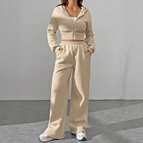 Damen nan kurzes Kapuzen-Sweatshirt mit Reißverschluss und weite High-Waist Jogginghose Drune
