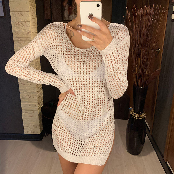 Damen gestricktes Netzkleid mit langem Arm und seitlichen Schlitzen Drune