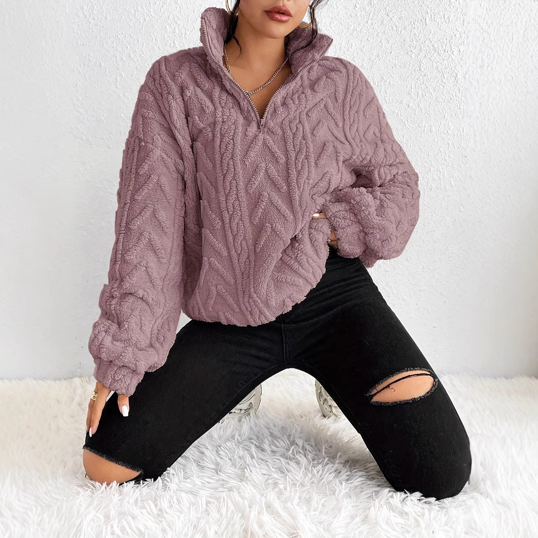 Damen Flauschiger Oversized-Pullover mit Zipper und Rippstruktur Drune