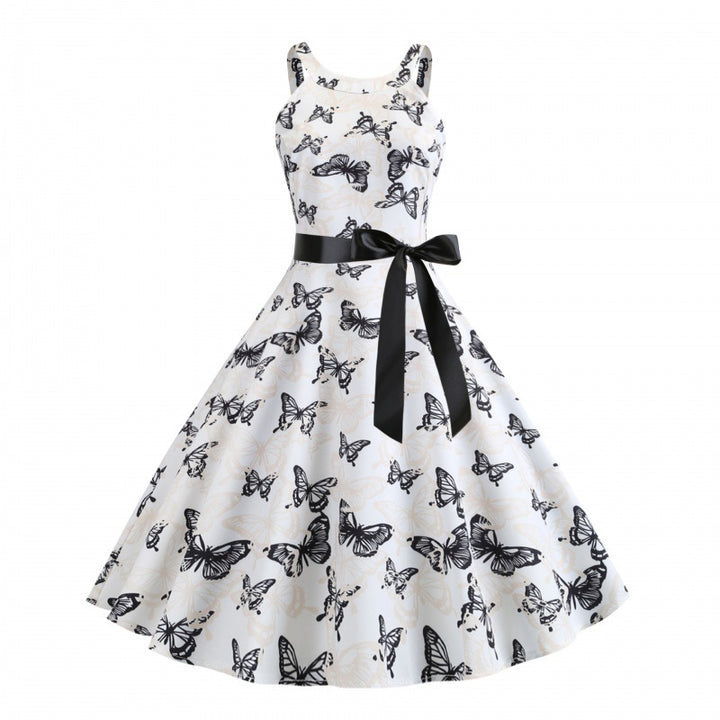 Damen Midikleid mit Schmetterlingsdruck und Taillengürtel Drune