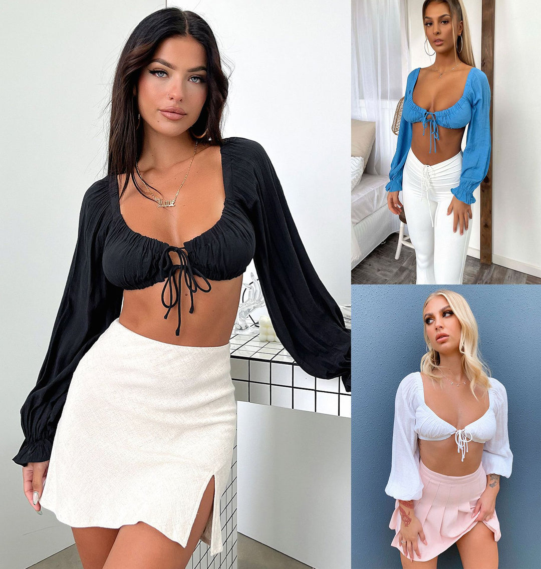 Damen Crop-Top mit Puffärmeln und verstellbarem Kordelzug Drune