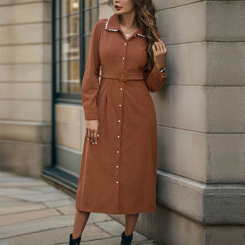 Damen Hemdblusenkleid mit Taillengürtel und seitlichem Schlitz Drune
