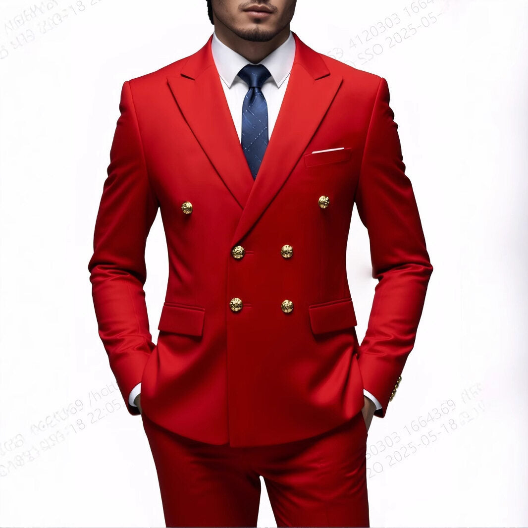 Herren nan doppelreihiger Slim-Fit Anzug mit goldenen Zierknöpfen und schmaler Businesshose Drune