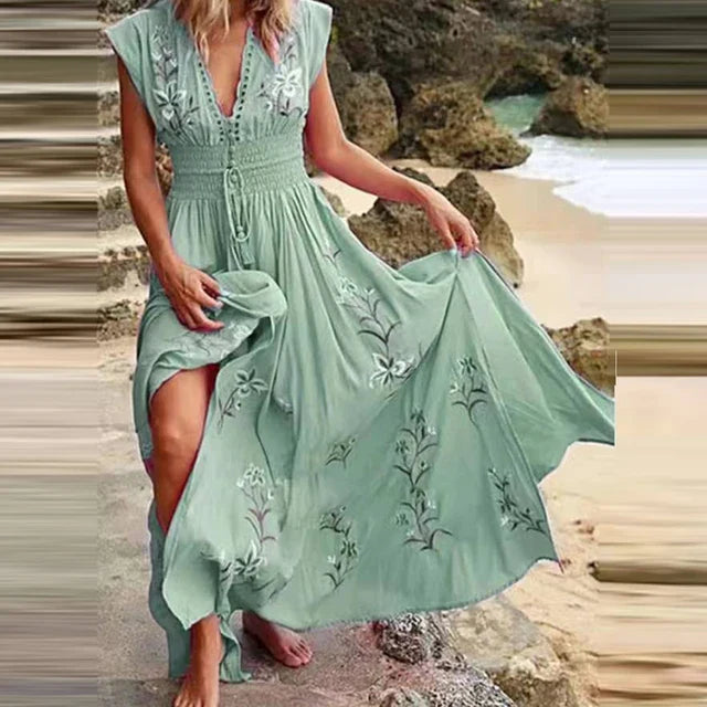 Drune | Bohemian Maxi Kleid Mit V-ausschnitt Und Eleganten Stickereien