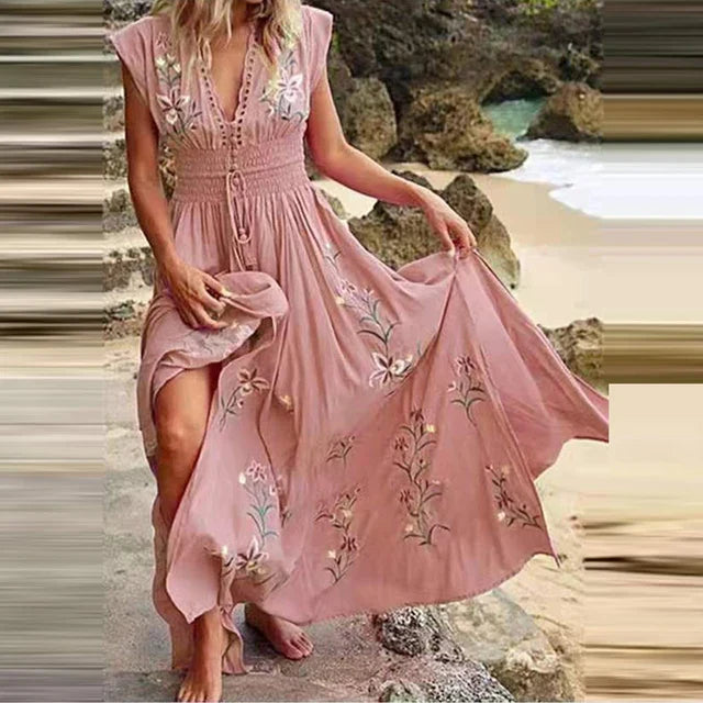 Drune | Bohemian Maxi Kleid Mit V-ausschnitt Und Eleganten Stickereien