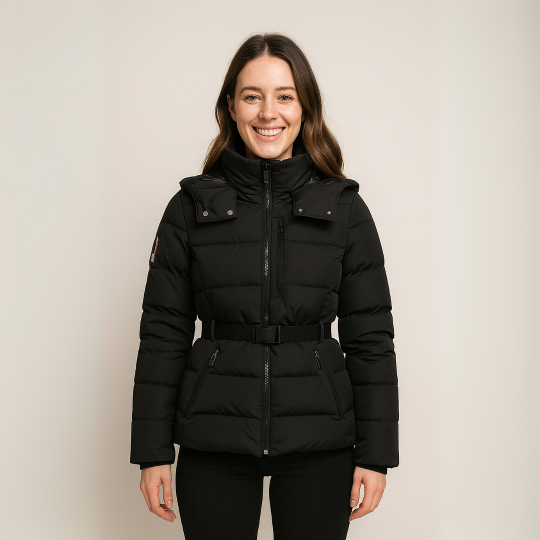 Drune | Damen Schwarze Pufferjacke mit Gürteltaille und Hohem Kragen