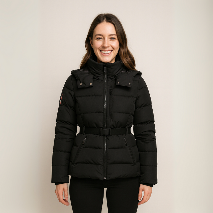 Drune | Damen Schwarze Pufferjacke mit Gürteltaille und Hohem Kragen