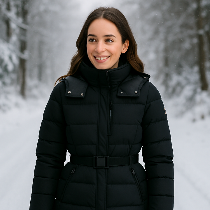 Drune | Damen Schwarze Pufferjacke mit Gürteltaille und Hohem Kragen