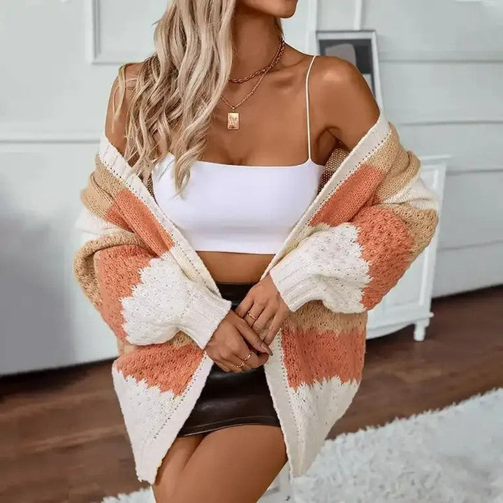 Drune | Damen Strickcardigan mit Farbblöcken und offener Vorderseite