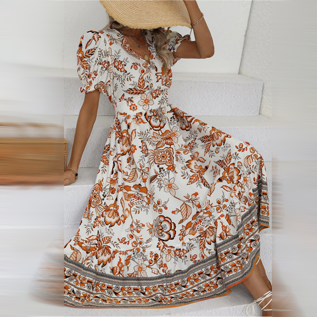 Drune | Elegante Orange Blumenkleid